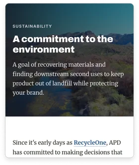 The APD sustainability page: "A commitment to the environment" over an aerial photo of a desert river, followed by the company's history as RecycleOne.