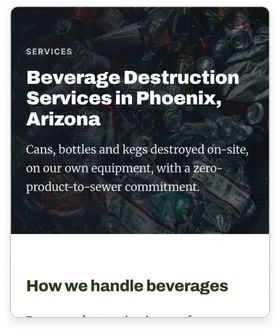 The APD beverage destruction services page for Phoenix, Arizona, over a photo of crushed cans and bottles.