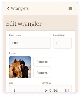 A Barn Doors "Edit wrangler" form with name fields, a photo with replace and remove buttons, and age and birthday fields.