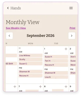 A Barn Doors monthly view of the ranch hands schedule: a September 2026 calendar showing who works each morning and afternoon shift.