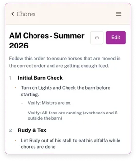 A Barn Doors "AM Chores – Summer 2026" checklist with numbered steps, verification sub-tasks and an Edit button.