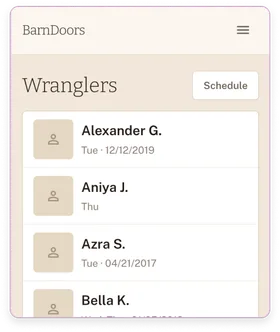 A Barn Doors wranglers roster listing each ranch hand with a photo placeholder and scheduled days, plus a Schedule button.