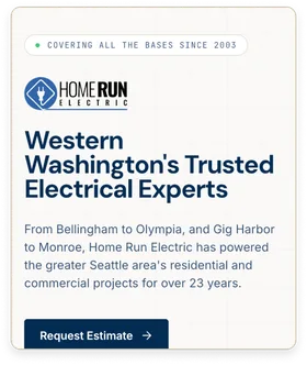 The Home Run Electric homepage on a phone: the logo, a "Western Washington's Trusted Electrical Experts" headline, a line about 23 years of service, and a Request Estimate button.
