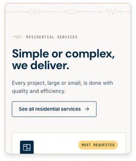 A Home Run Electric "Simple or complex, we deliver." section with a link to all residential services and a "Most requested" service card.