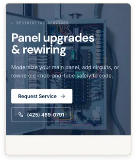 A Home Run Electric "Panel upgrades & rewiring" page over a photo of an open electrical panel, with Request Service and phone number buttons.