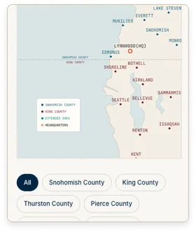 A Home Run Electric service-area map of western Washington marking the Lynnwood headquarters and cities across Snohomish and King counties, with county filter buttons.