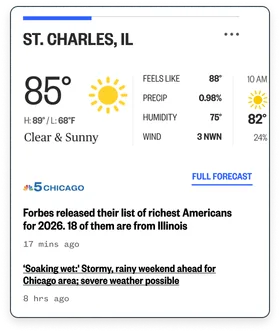 An NBC News app local weather and headlines view for St. Charles, Illinois: 85 degrees, clear and sunny, with two NBC 5 Chicago stories.