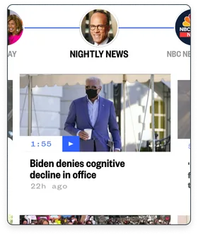 An NBC News app video carousel with Nightly News selected, showing a video story with its duration and play button.