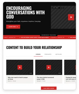 The Pray1st Army homepage on a phone: an "Encouraging conversations with God" hero, a scrolling ticker of answered prayers, and a "Content to build your relationship" section with videos, podcasts and articles tabs.
