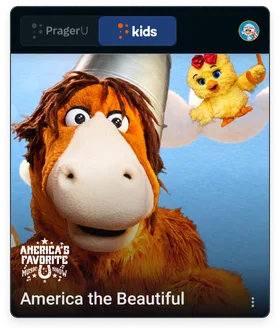 The PragerU Kids app home screen with a featured "America the Beautiful" episode from America's Favorite Music Show.