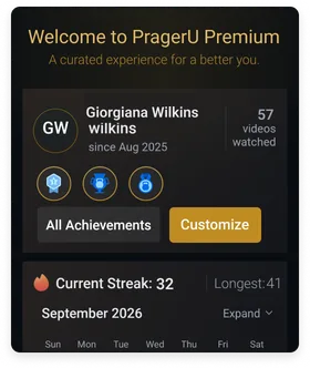 A PragerU Premium welcome screen showing a member profile, achievement badges, a viewing streak and a calendar.