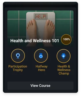 A PragerU "Health and Wellness 101" course card at 100% complete, with three earned trophies and a View Course button.