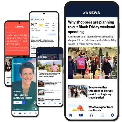 Five NBC News app screens: the news home feed, a THINK opinion article, a local weather and headlines view, the Business section, and the MSNBC live audio player.