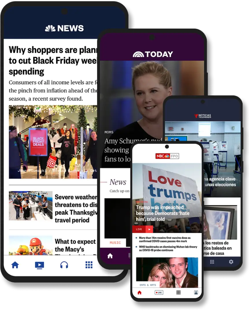 Three phones showing the brand-agnostic design system applied across NBC News, TODAY, and Telemundo Noticias apps