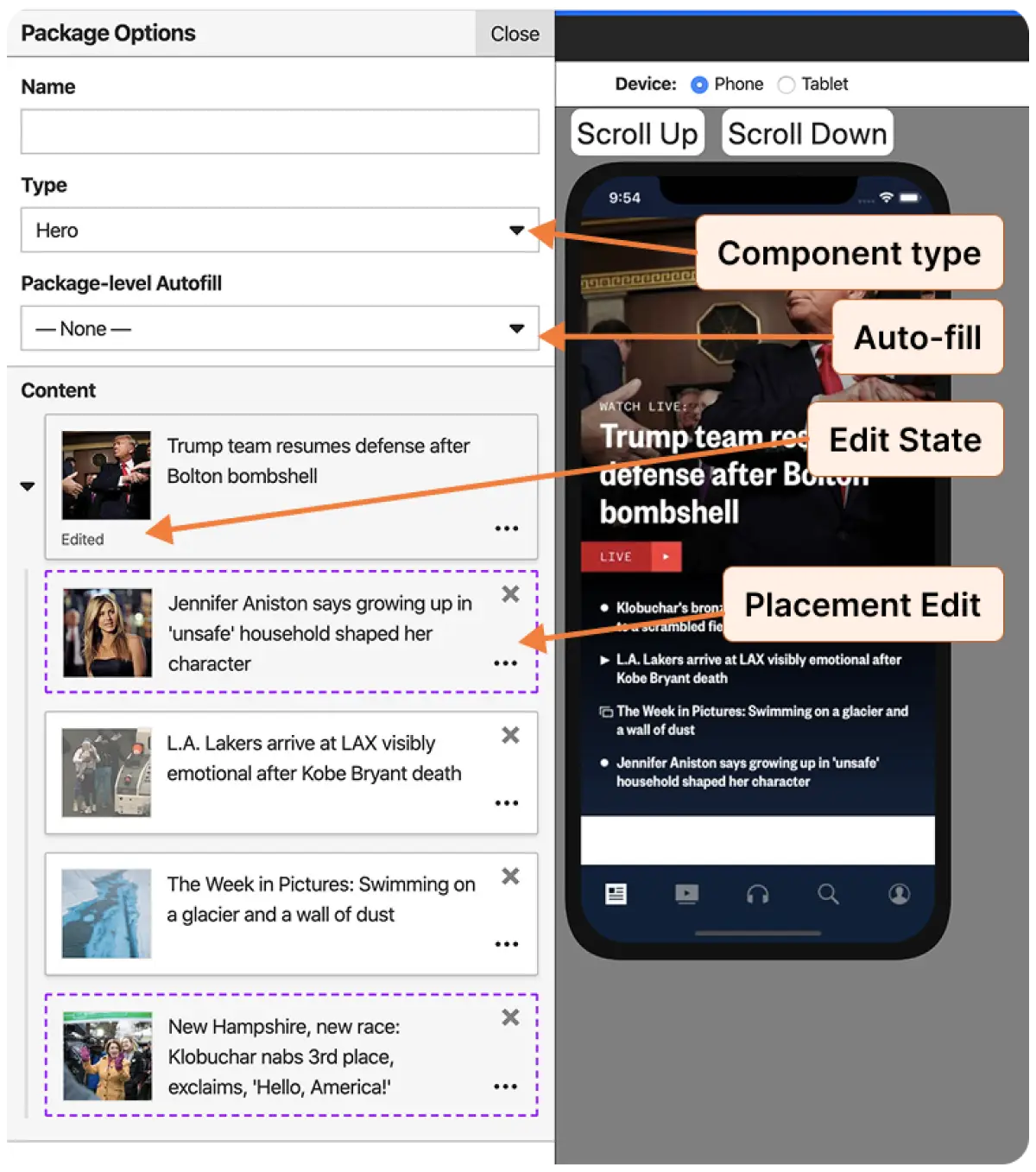 Mobile CMS interface showing package options, component type selection, and real-time phone preview with annotated features