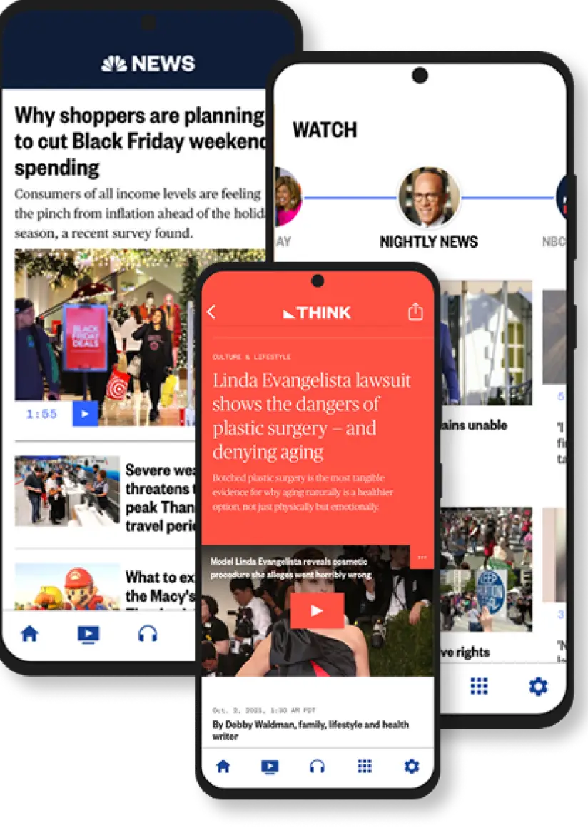 Three phone screens showing the redesigned NBC News app — home feed, video watch section, and THINK editorial section