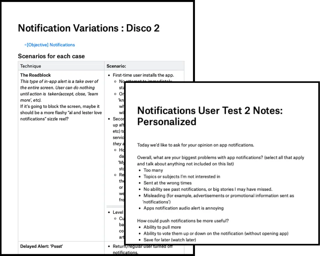 Notification Variations research document and user test notes on personalized push notifications