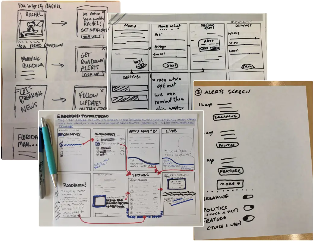 Hand-drawn sketches for the notifications feature — roadblock alerts, embedded notifications, and alerts screen concepts