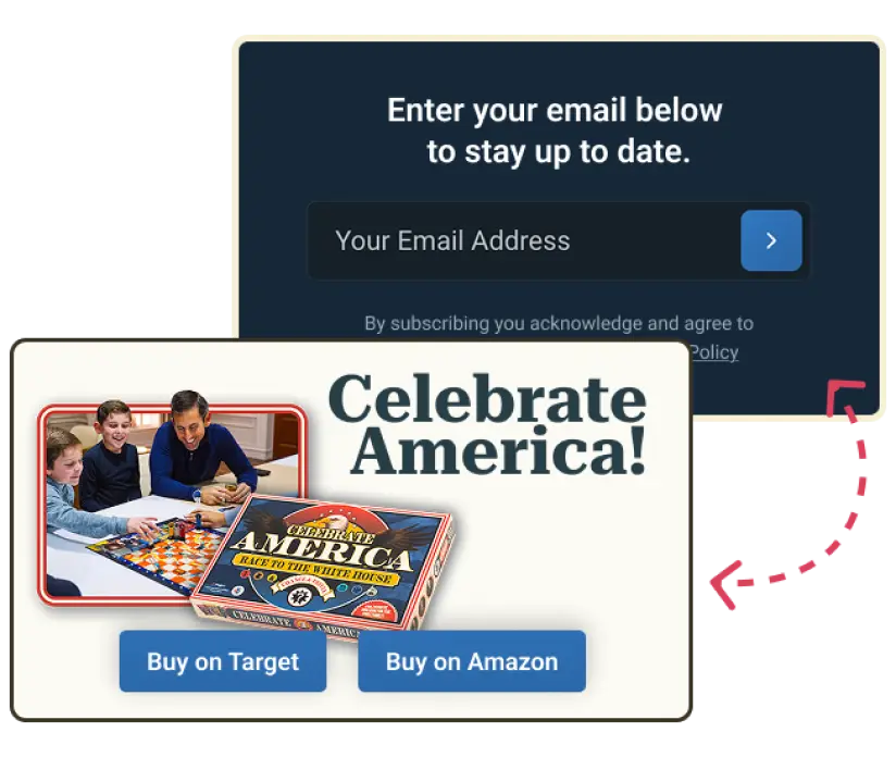 Two UI mockups: an email subscription form and a promotional card for Celebrate America board game