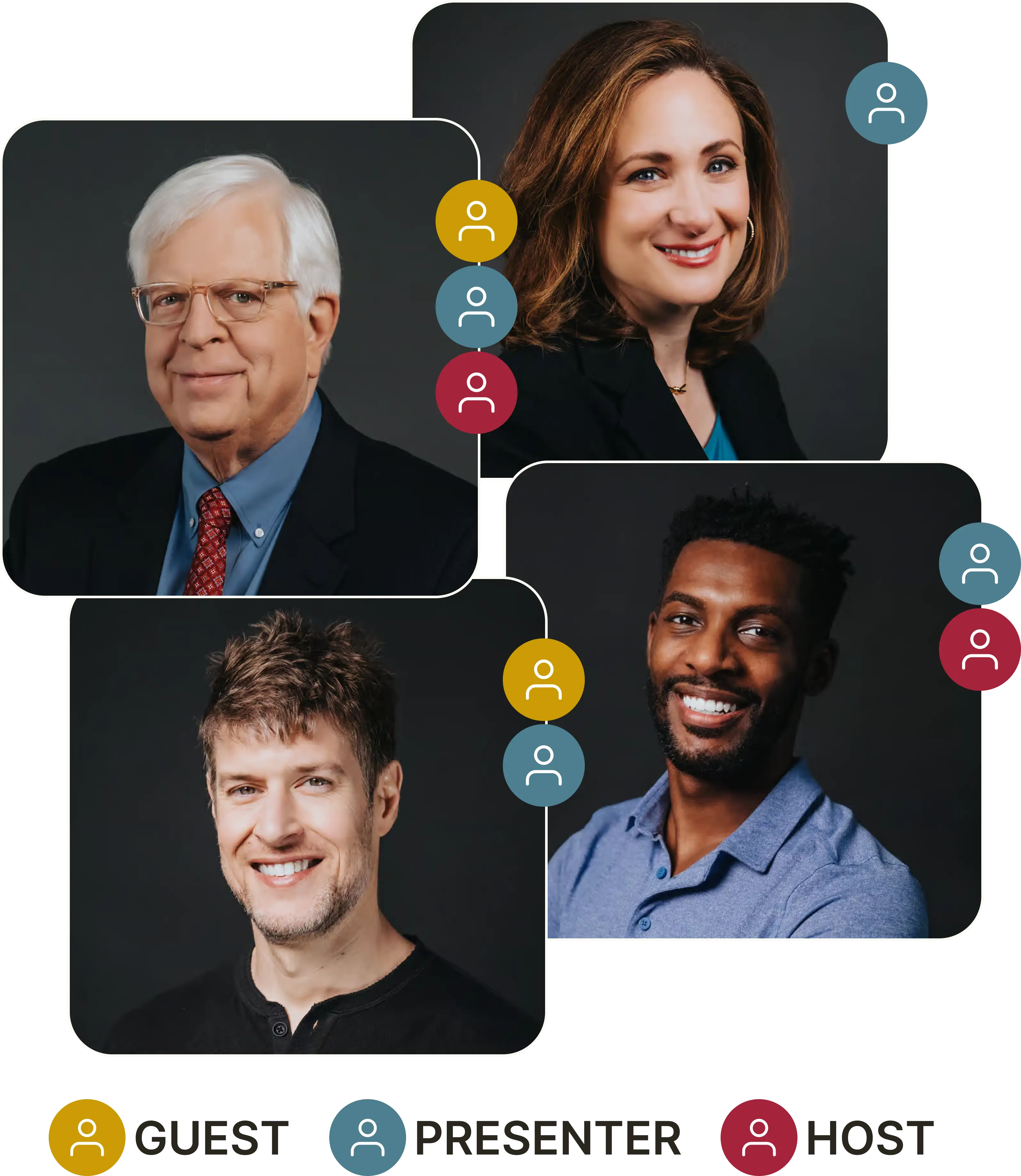 Diagram showing four PragerU personalities tagged with color-coded role indicators — Guest (gold), Presenter (blue), and Host (red)